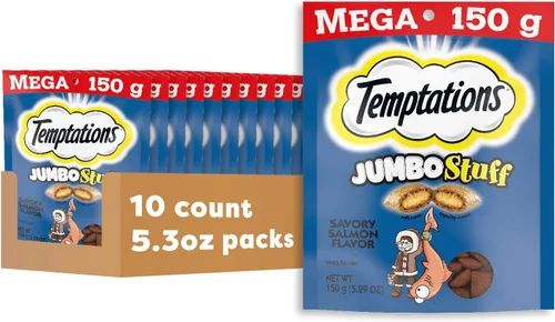 Miniatura 13 de TEMPTATIONS Jumbo Stuff Crunchy and Soft Cat Treats Savory Salmon Flavor, bolsa de 2.5 onzas (paquete de 12)