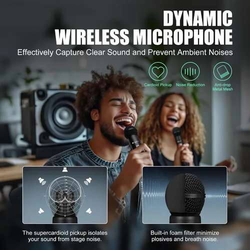 Miniatura 2 de Micrófono inalámbrico - Micrófono de karaoke para cantar - Micrófonos de mano dinámicos dobles recargables con receptor - Micrófono inalámbrico