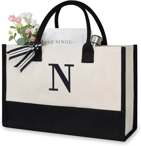 Miniatura 383 de TOPDesign - Bolso de playa de lona con inicial personalizada, bolsa de regalo con monograma, para mujer