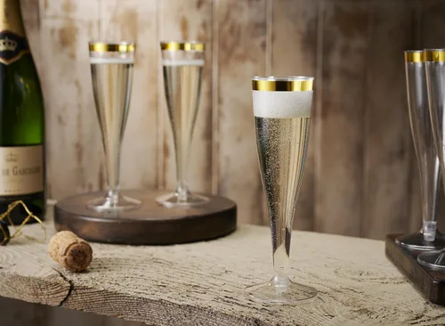 Miniatura 6 de Munfix Paquete de 50 copas de champán de plástico con borde dorado de 5 onzas, copas de plástico transparentes para tostar, elegantes, desechables