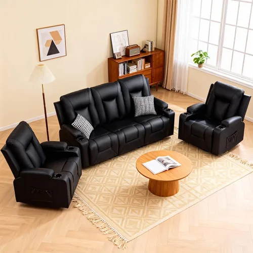 COMHOMA Juego de muebles de sala de estar, juegos de sofá reclinable manual de piel sintética con portavasos, sofá reclinable, sofá biplaza y