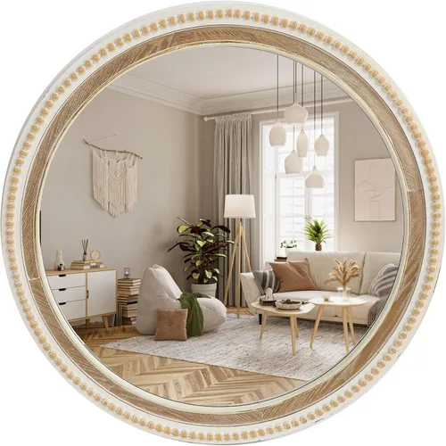 Miniatura 8 de Espejo de pared redondo de 24 pulgadas, espejo bohemio con cuentas de madera blanca envejecida, espejo decorativo de granja para dormitorio, sala
