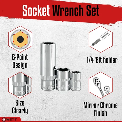 Miniatura 3 de WETT Juego de llaves de 1/4" y 3/8", juego de enchufes de 86 piezas con trinquete de liberación rápida, barra de extensión, adaptador, bits de 1/4