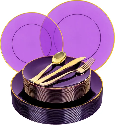 Miniatura 25 de YOUBET 125 piezas de platos de plástico negros y dorados - Platos desechables negros con borde dorado - Incluye 25 platos de cena, 25 platos