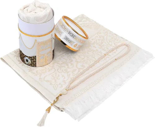 Miniatura 9 de FURKAN Juego de alfombra de oración musulmana y cuentas con elegante caja de regalo cilíndrica Janamaz Sajadah, regalo espiritual islámico perfecto