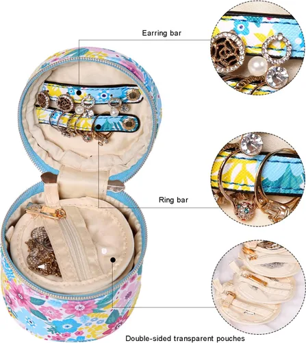 Miniatura 4 de Angelina's Palace Estuche organizador de joyas redondo Bolsa de viaje Regalos de dama de honor Caja de cuero vegano para collar, aretes, pulsera