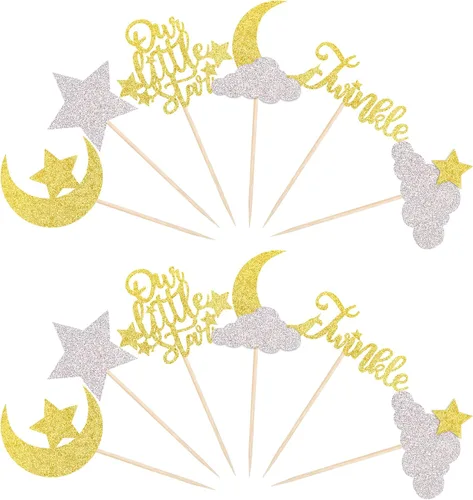 Miniatura 7 de Paquete de 24 adornos para cupcakes con purpurina de luna, nube, estrellas, estrellas, baby shower, niños, cumpleaños, boda, fiesta, decoración