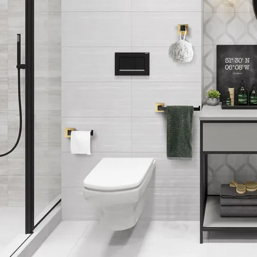 Miniatura 5 de TURS Juego de accesorios de baño de 3 piezas, soporte para toallas de mano negro y dorado, soporte para papel higiénico, gancho para toallas, juego