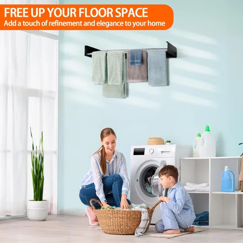 Miniatura 2 de FOCHIER F Estante de secado de ropa para colgar en la pared, plegable, con 5 varillas de aluminio y plantilla de perforación, punta de Negro