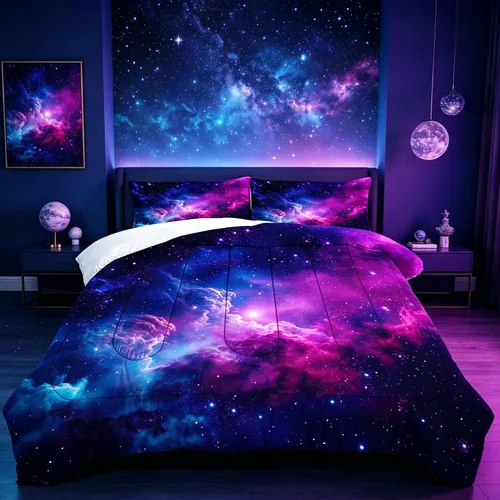 Miniatura 8 de Juego de edredón de galaxia azul, tamaño individual, ropa de cama espacial para niños, niñas, adolescentes, decoración de dormitorio, luna, nube