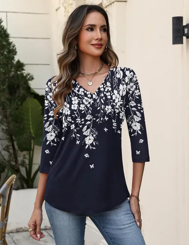 Miniatura 2 de Zeagoo Camisetas de manga 3/4 para mujer, cuello en V, blusa casual elegante, camisetas básicas 2026, ropa de moda S-2XL