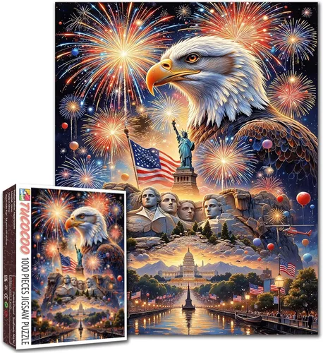 Miniatura 10 de Rompecabezas de 1000 piezas con la bandera americana y águila para adultos, rompecabezas del 4 de julio, para juegos de actividades familiares