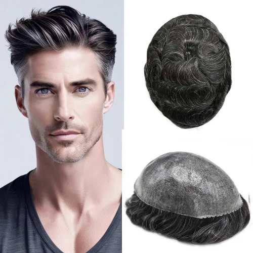 Miniatura 36 de Mens Toupee Hair System para hombres Piezas de pelo Sistema de reemplazo Poly Skin Toupee para hombres Protesis Capilar Para Hombre 6X8#1 Jet Black