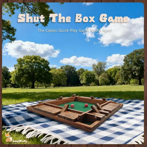 Miniatura 3 de Shut The Box Game Tablero de madera (13.78 pulgadas) para 1-4 jugadores, juegos de dados familiares para adultos con 12 dados, aprendizaje educativo