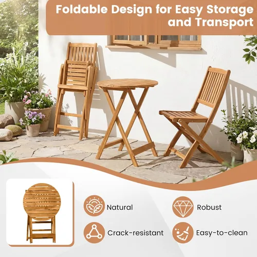 Miniatura 4 de Giantex Juego de 3 piezas de mesa plegable de madera, 2 sillas acolchadas para jardín, muebles de exterior mesa redonda (natural y beige)