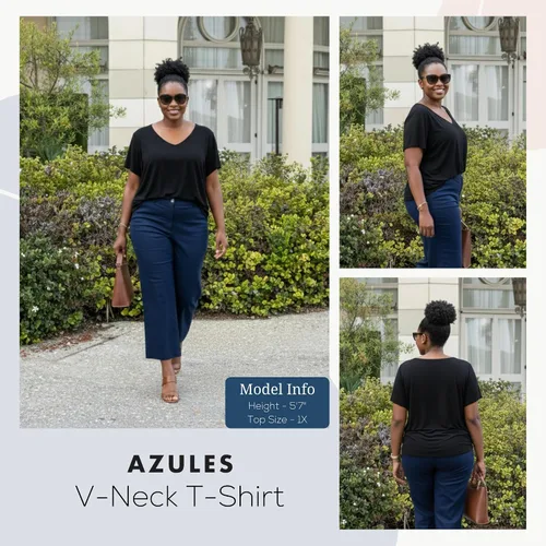Miniatura 3 de Azules Camiseta de manga corta con cuello en V para mujer, suave, elástica, holgada, casual, transpirable, talla grande, cuello en V