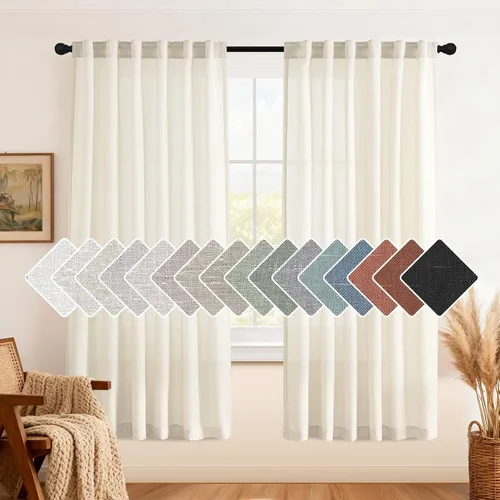 Miniatura 30 de H.VERSAILTEX Cortinas de lino natural de 63 pulgadas de largo para sala de estar, 2 paneles con trabillas traseras y bolsillo, texturizadas