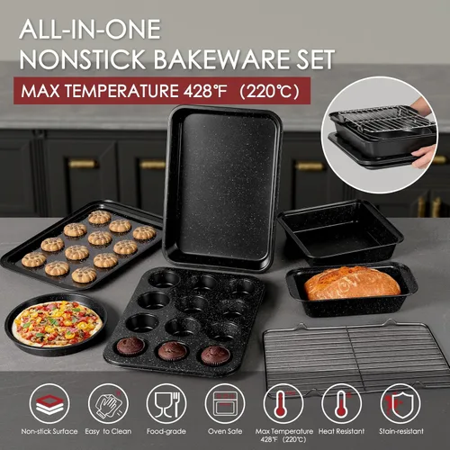 Miniatura 6 de Kikcoin Juego de ollas y sartenes antiadherentes de 31 piezas de cocina antiadherentes con sartén para parrilla, cacerola para hornear, color negro