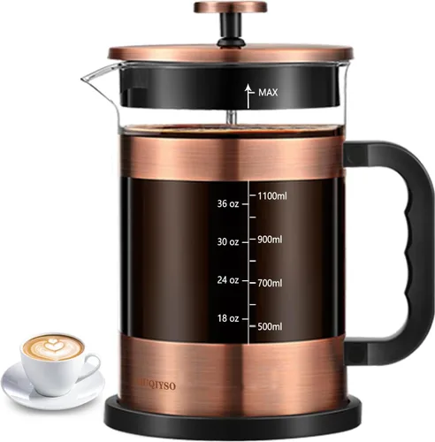 Miniatura 18 de QUQIYSO Cafetera de prensa francesa de acero inoxidable 304 con 4 filtros, resistente al calor, duradera, fácil de limpiar, prensa de café de vidrio
