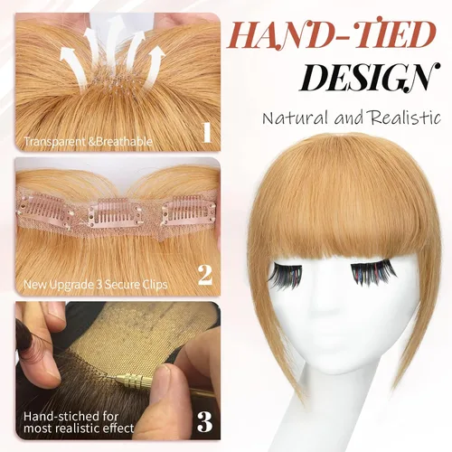 Miniatura 3 de Flequillo con clip, 100% cabello humano real, 3 clips de seguridad, flequillo francés, flequillo falso natural y sin costuras para mujer, rubio
