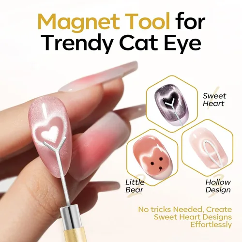 Miniatura 3 de modelones Juego de imanes de ojo de gato, 5 bolígrafos magnéticos de uñas 3 en 1 de doble cabeza con forma de corazón, relámpago y bola para esmalte