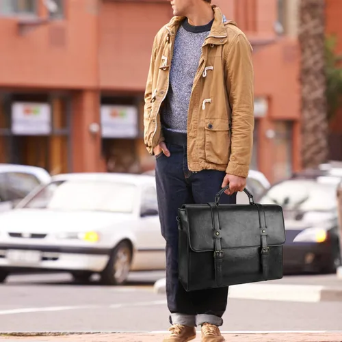 Miniatura 2 de Bolso bandolera de cuero para hombre, estilo vintage, de 15.6 pulgadas, impermeable, de cuero, para laptop, bolsa de hombro grande, bolsa de hombro