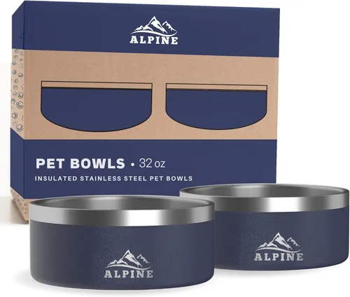 Miniatura 10 de Alpine Juego de 2 cuencos de acero inoxidable para perros, antideslizantes, cuenco de metal para mascotas para alimentos y agua, aislamiento de Azul