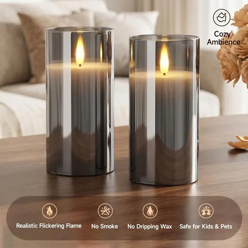 Miniatura 8 de Homemory Grey Glass Flameless Candles Battery Operated LED Pillar Candles with Remote and Timer, Real Wax Flickering Candles with 3D Wick for Home