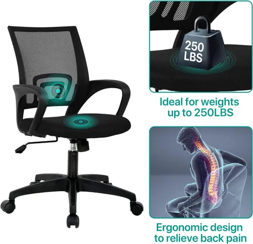 Miniatura 5 de HHS Silla de oficina ergonómica, silla de escritorio de malla con respaldo medio, silla de computadora con soporte lumbar, silla ejecutiva con Negro