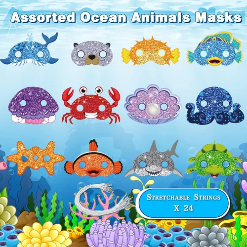 Miniatura 2 de Minatee 24 máscaras para niños bajo el mar, océano, animales, cumpleaños, divertidas máscaras para niños, suministros de fiesta bajo el mar, océano
