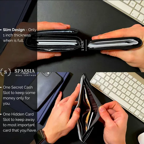 Miniatura 5 de Spassia Primero diseño delgado y plegable protección RFID cartera de cuero de grano completo Spatial Black Classic