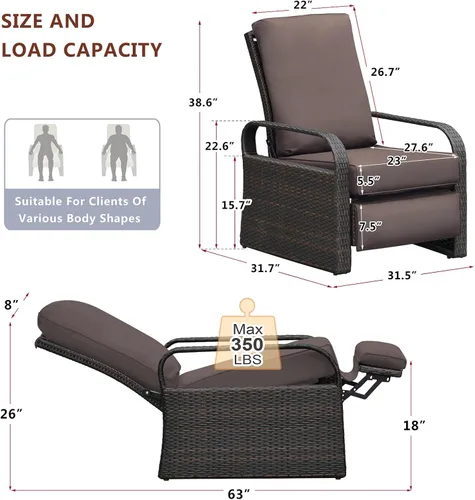 Miniatura 2 de Babylon Sillón reclinable de mimbre para exteriores, silla reclinable ajustable para patio con cojines de 14 cm de grosor y otomana, resistente a