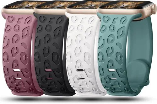 Miniatura 6 de CreateGreat - Paquete de 4 bandas grabadas con diseño de leopardo compatibles con Apple Watch para mujeres de 38mm 40mm 41mm 42mm 44mm 45mm 46mm