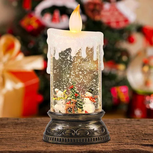 Miniatura 10 de GenSwin Vela de Globo de Nieve de Navidad, Vela Brillante Giratoria con Temporizador, Música y 3 Escenas de Muñeco de Nieve, Linterna