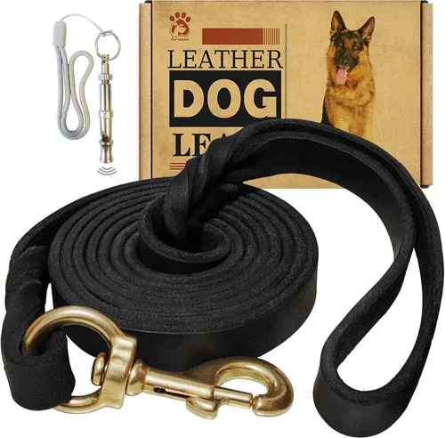 Miniatura 10 de Correa de cuero para perro de 6 x 1 pulgada, correa trenzada de cuero genuino fuerte y resistente, suave y cómoda para perros grandes, perros Marrón