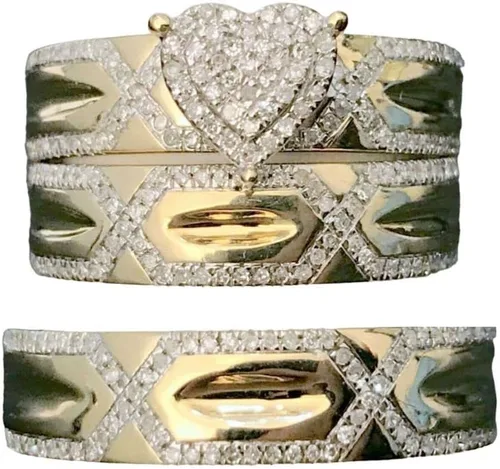Ssjewel 1.33 Ct Round Cut Diamond Love Shape His Her Trio Wedding Band Bridal Engagement Ring Set 14k Yellow Gold Finish Fine 925 Sterling Silver