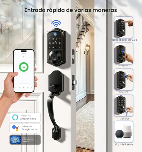 Miniatura 2 de Veise VE017G-H - Juego de cerradura inteligente de huellas dactilares para puerta delantera, control remoto, cerrojo de entrada sin llave con asa
