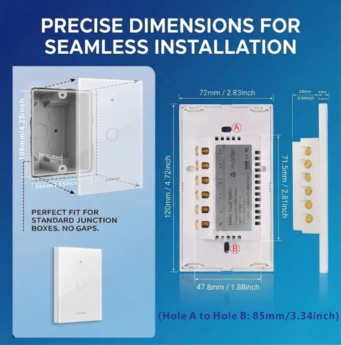 Miniatura 6 de Interruptor de luz de pared táctil inteligente con Matter, panel de vidrio templado, requiere cable neutro, unipolar, Wi-Fi de 2.4 GHz, control por