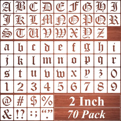 Miniatura 8 de Plantillas de letras del alfabeto de 1 pulgada para pintar, paquete de 70 plantillas de letras y números en inglés antiguo con letreros para pintar