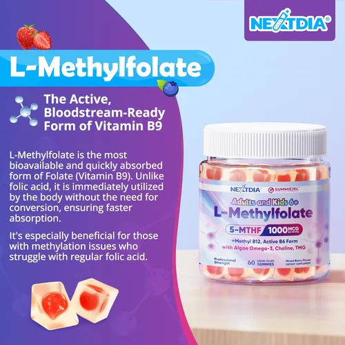 Miniatura 8 de L-metilfolato de 1000 mcg + gomitas de metilo B12 para niños y adultos – Activo 5-MTHF, con Omega-3 DHA y EPA (3:1), colina y TMG, B6, apoya el gen