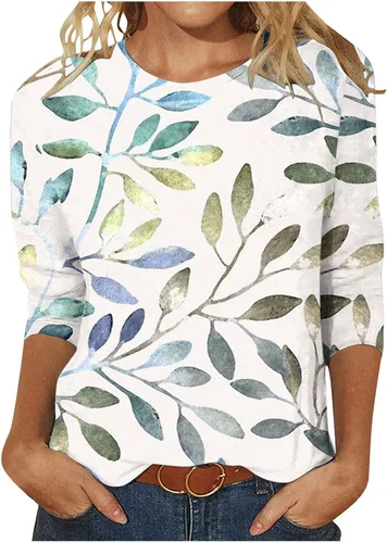 Tuianres Camisetas de manga 34 para mujer, cuello redondo, blusa básica cómoda, linda impresión, tops de verano, casuales, holgados, camiseta tipo
