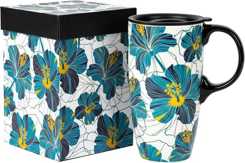 DUSVALLY Taza de Café de Cerámica Taza Alta con Tapa, Taza de Té de Porcelana con Asa para Café con Leche, Capuchino y Cacao, Tazas de Café para