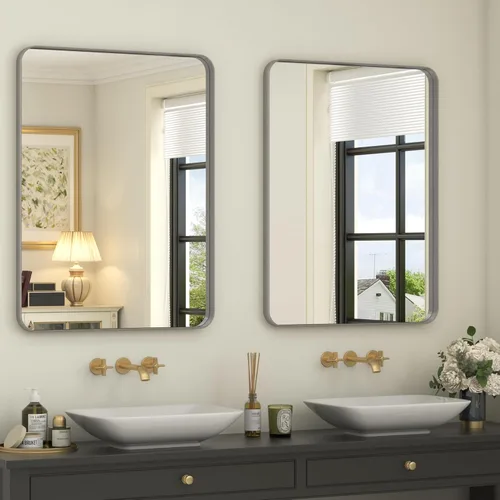 Miniatura 54 de Paquete de 2 espejos de baño con marco de metal negro de 22 x 30 pulgadas, espejo rectangular redondeado negro mate, antioxidante, se cuelga