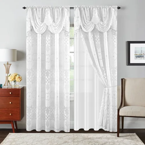 Miniatura 22 de Petrichor Cortinas de gasa jacquard transparente borgoña (54 pulgadas de ancho x 63 pulgadas de largo), 2 paneles con cenefa adjunta, diseño floral