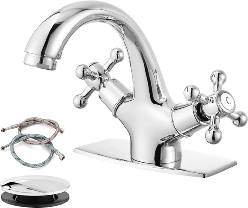 Miniatura 13 de gotonovo Grifo de lavabo de baño de un solo agujero, doble mango cruzado, pomos mezcladores para lavabo con drenaje desplegable y placa de cubierta