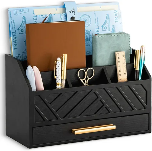 dreampossible Organizador de Escritorio de Madera Negra y Accesorios con Cajón, Organizador de Correo de Facturas y Soporte de Correo de Archivos