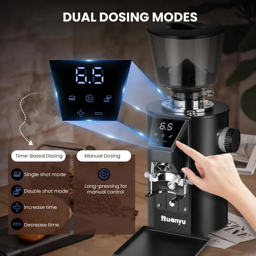 Miniatura 4 de Huanyu Molinillo de café comercial - Control de pantalla táctil, 8 ajustes de molienda, rebaba plana de 2.520 in, modos de dosificación dual