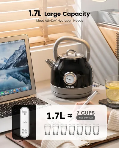 Miniatura 3 de Amaste Hervidor Eléctrico, Hervidor Eléctrico Retro de Té con Termómetro, Hervidor de Agua Caliente de 57 Oz para Café y Té, Acero Inoxidable 304