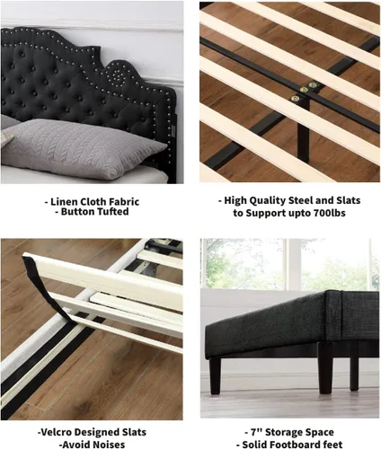Miniatura 6 de Base de cama de plataforma tapizada tamaño Queen con cabecero ajustable de 47 pulgadas de alto, cama de lino copetuda con botones, soporte de Beige