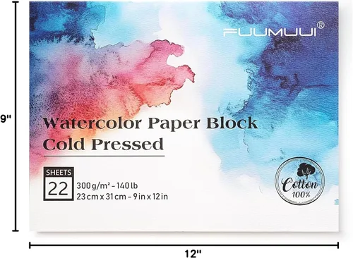 Miniatura 9 de Bloque de papel para acuarelas 9x12 pulgadas, Fuumuui, almohadilla de papel 100% algodón, 22 hojas, prensado en frío, sin ácidos, 140 lb/300 gsm
